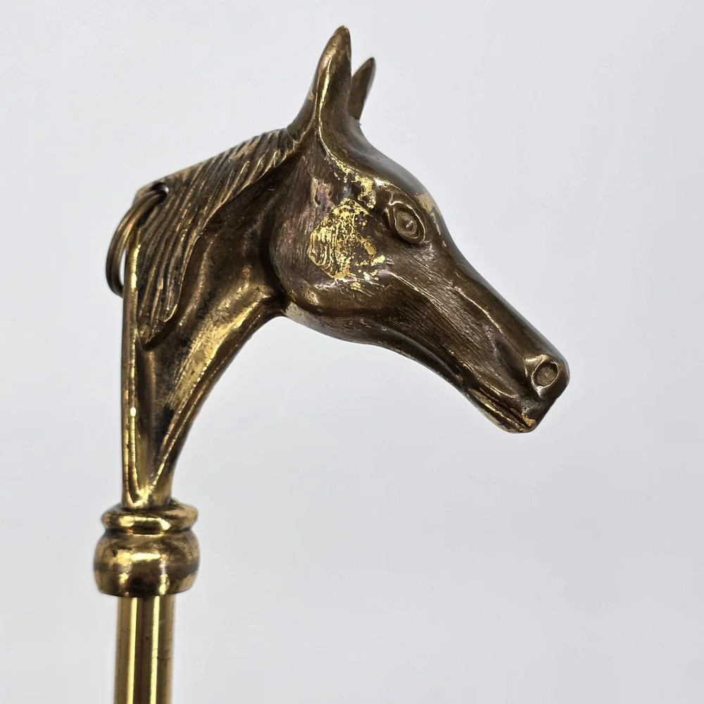 Vintage Brass Horse Head Shoe Horn Long Handle Equestrian Decor 18 Inch
